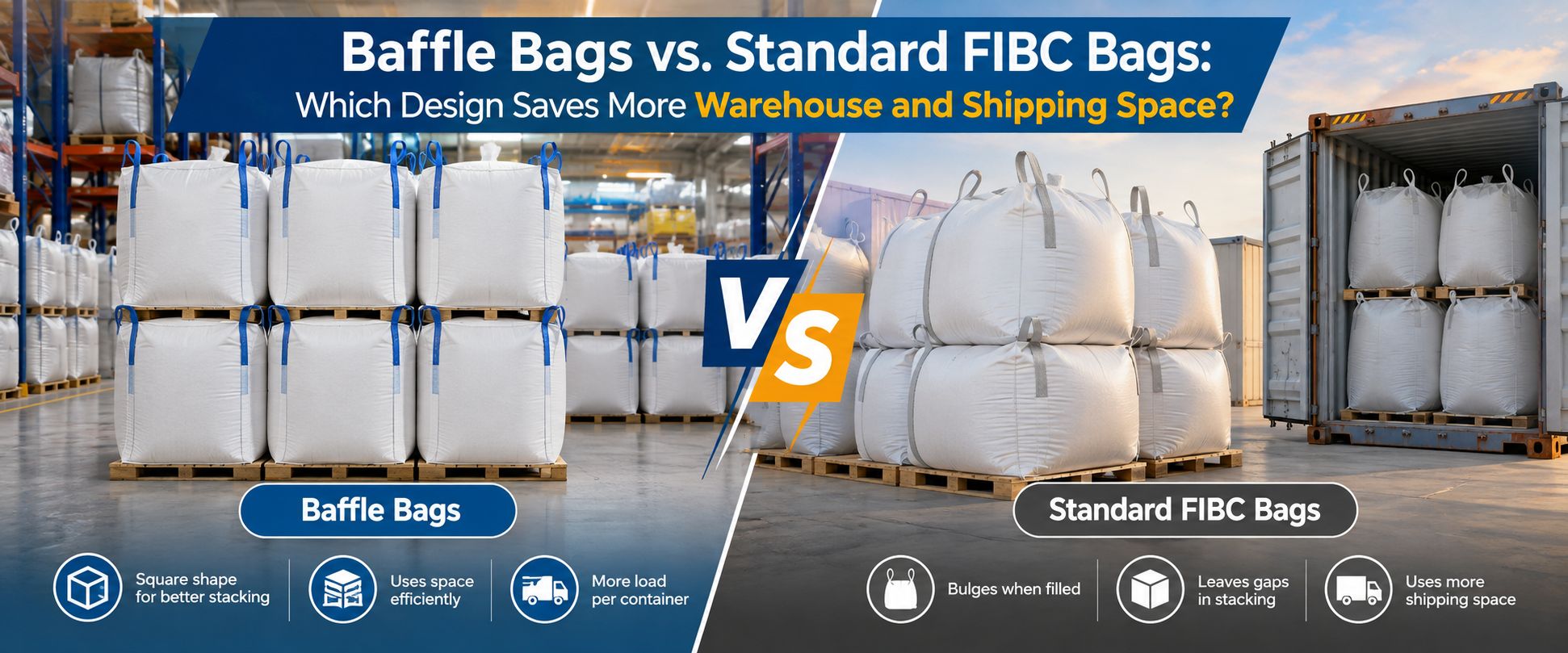 Baffle bags vs standard FIBC bags comparison showing square-shaped baffle bags for efficient warehouse stacking and shipping space utilisation.