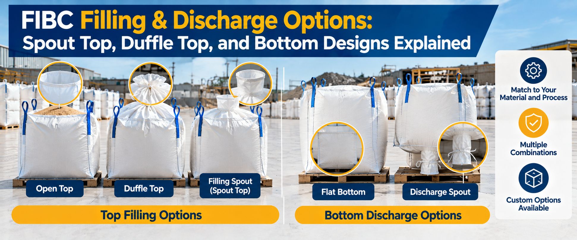 FIBC bulk bag filling and discharge options showing open top, duffle top, filling spout, flat bottom, and discharge spout designs.