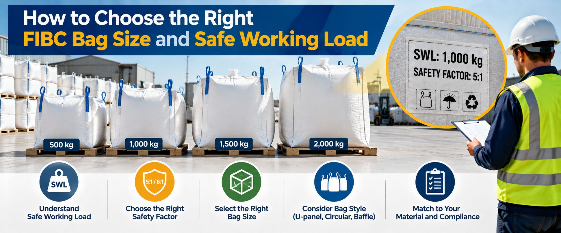 FIBC bulk bags with 500 kg to 2,000 kg load capacities, showing how to choose the right bag size, safe working load (SWL), and safety factor.