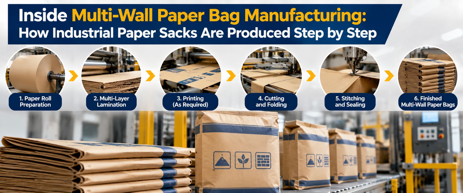 Step-by-step multi-wall paper bag manufacturing process showing paper roll preparation